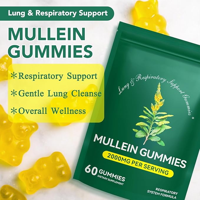 Mullein Gummies for Lung Detox, 2000mg Mullein Leaf Extract for Respiratory & Digestive & Immune Support, Organic Mullein Herb Supplement for Mucus Relief for Respiratory, Immune, Vegan 60 Gummies