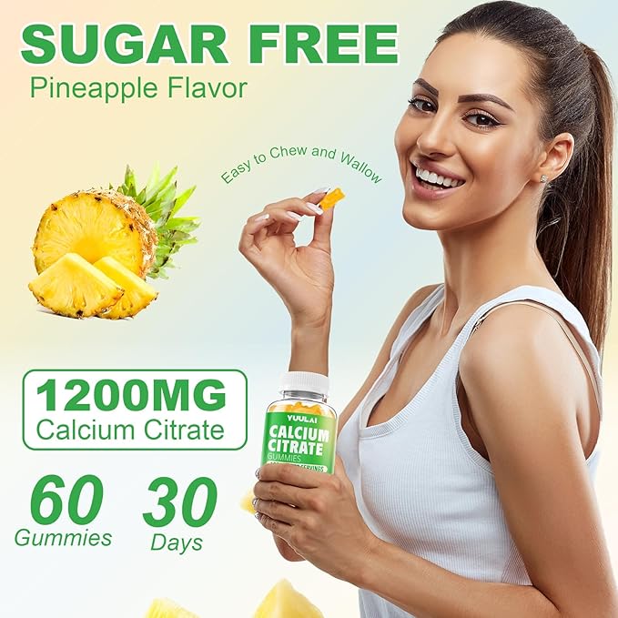 Pack of 2 Calcium Citrate Gummies 1200mg, Chewable Calcium Supplements for Women & Men, Sugar Free Calcium Gummies for Bone, Muscle & Immune Support, Pineapple Flavor, 120 Count