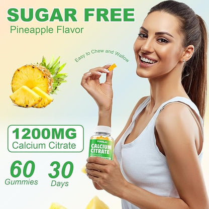 Pack of 2 Calcium Citrate Gummies 1200mg, Chewable Calcium Supplements for Women & Men, Sugar Free Calcium Gummies for Bone, Muscle & Immune Support, Pineapple Flavor, 120 Count
