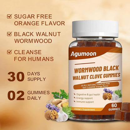 10-in-1 Wormwood Black Walnut Clove Gummies for Adults,Herbal Supplement for Gut Cleanse & Digestive Wellness with Garlic,Turmeric,Pumpkin Seed,Oregano,Moringa,60 Gummies