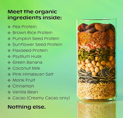wholier Organic Plant Protein + Prebiotics. Clean Vegan Protein. 21g of Protein. 14 Real Plant Ingredients. Prebiotic Fiber. No Natural Flavors, Gums or Fillers. Creamy Cacao (1 lb. 4 oz.)