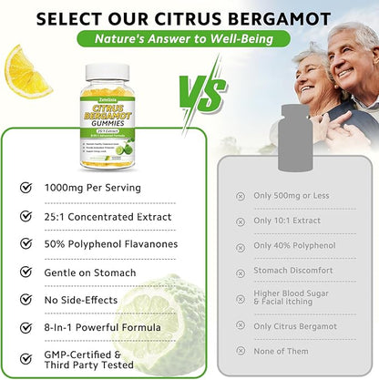 Citrus Bergamot Gummies, Citrus Bergamot Supplement for High Cholesterol, Cholesterol Lowering Supplement for Heart, Immune System & Healthy Aging Support, Sugar Free, Vegan, Lemon Flavor, 60 Count