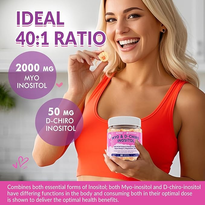 2 Pack Myo-Inositol & D-Chiro Inositol, Hormone Balance for Women | Sugar Free Inositol Gummies w/ Omega 3, MTHF Folate, Vitamin D3, B12, Magnesium & Zinc for Ovarian Health, Ideal 40:1 Ratio, Vegan