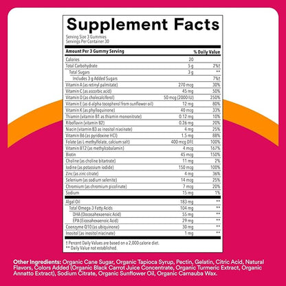 SmartyPants Women’s Multivitamin Gummies, Omega 3 DHA/EPA, Methylfolate, CoQ10, Vitamin D3, C, B12, B6, A, K, Zinc, Three Fruit Flavors, 90 Count (30 Day Supply)