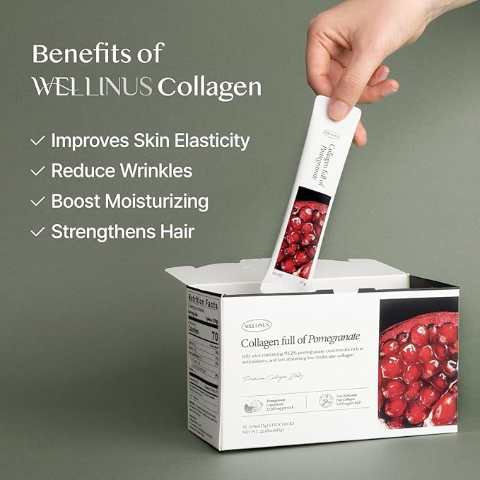 WELLINUS Collagen Jelly Stick, Marine Collagen, Fast Absorbing, Snack, Ultra-Low Weight Molecular Marine Collagen, HACCP Certified, 22.05 oz/Pack of 25 (3 Pack, Pomegranate Mango Blueberry)
