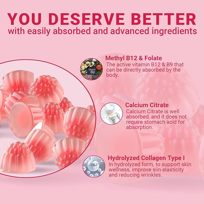 Womens Multivitamin Gummies with Biotin, Collagen, Calcium, Magnesium, Inositol, Folate, Iron, Vitamin A, C, D, E - Multi Vitamins & Minerals - Multivitamin for Women Supplement