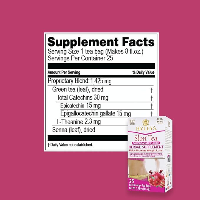 Hyleys Slim Tea Pomegranate Flavor - Weight Loss Herbal Supplement Cleanse and Detox - 25 Tea Bags (1 Pack)