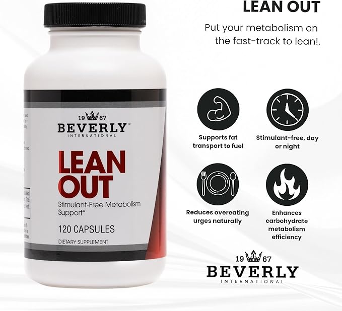 Beverly International Lean Out 120 caps. Fat Burner with Metabolic Support. Lipotropics. Choline, Carnitine, Chromium. Stimulant-Free Belly Fat Burner. Get Leaner. Use AM & PM, Stackable Diet Pills.
