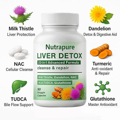 Liver Detox Capsules - 20-in-1 Herbal Formula with Milk Thistle, Dandelion, Turmeric & Artichoke Leaf for Liver Support and Digestive Balance – Non-GMO, Gluten-Free (1)