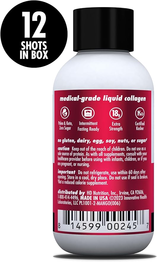 HEALTH DIRECT – Medical-Grade Liquid Collagen Shots – AminoSculpt Sugar-Free – Smooth Mango – 12 Servings, (12pk, 2oz Shots) – Good for Joints, Bones, & Sleep – Better Hair, Skin & Nails