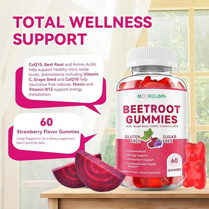 Beetroot Gummies with Grape Seed, Niacin, CoQ10, Vitamin C, B12, L-Citrulline & L-Arginine, Antioxidant Support, Sugar-Free Beet Root Supplement for Women & Men, 60 Count