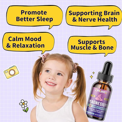 Kids Magnesium Liquid Drops-Magnesium Glycinate Liquid for Kids Supplement-w/L-theanine, Omega-3, Vitamin B6, D3 - for Sleep, Relaxation, Brain, Bones - Grape Flavor, 4 Fl Oz