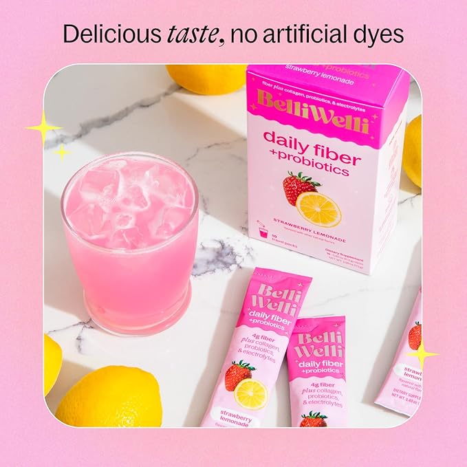 Belli Welli Daily Fiber Supplement Packets with Collagen, Probiotics & Electrolytes | Single Serve Packets for Gut Health, Digestion & Debloating | Strawberry Lemonade | 10 Count