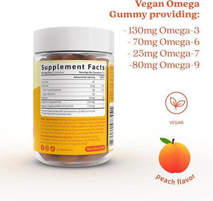 BeLive Organic Omega 3 Gummies - 300 Ct I Vegan Omegas 3 6 7 & 9 from Flaxseed Oil & Sea Buckthorn Fruit Oil, for Kids & Adults, Full Body, Brain & Eye Support, Sugar Free – Peach Flavor