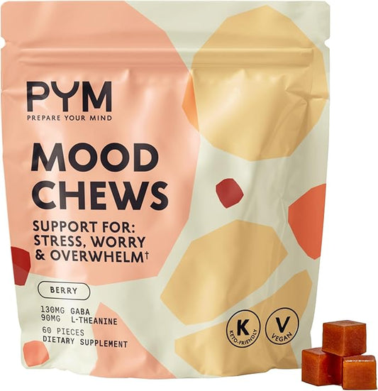 PYM Berry Mood Chews Support for Stress, Worry & Overwhelm, 60 Count | 130mg GABA, 90mg L-Theanine | Vegan,Non-GMO, Gluten-Free,No Added Sugar | All-Natural Mood Balance Supplement in Resealable Bag