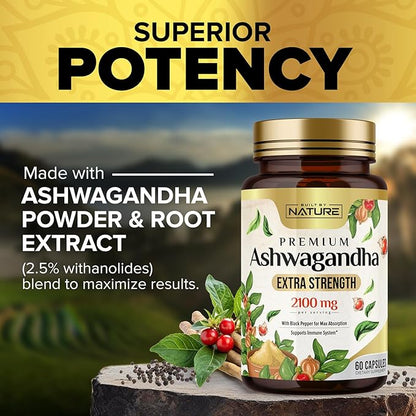 Built by Nature Ashwagandha 2100mg Extra Strength Stress Relief & Mood Support with Black Pepper Extract for Max Absorption - Non-GMO, Vegan, Gluten-Free - 60 Capsules