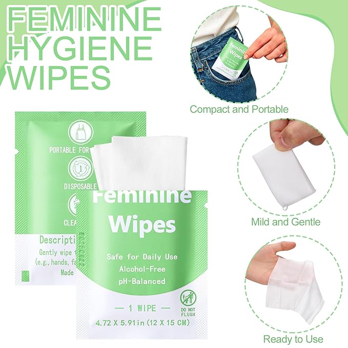 300 Pieces Feminine Wipes Individually Wrapped Women Travel Size Bulk Unscented Intimate Wipes Mild Private Parts Ph Balanced for Travel Bathroom Toilet Daily(Green)