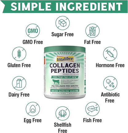 Bovine Collagen Peptides Powder for Women and Men, Grass-Fed Hydrolyzed Collagen Protein Type I & III, Skin, Hair, Nails, Bones, Digestion, Unflavored, Non-GMO, Keto & GF, 22 Servings, 16oz