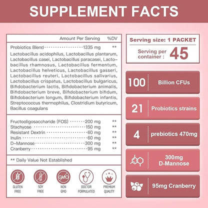 NATURE TARGET Probiotics-for-Women Prebiotics-and-Probiotics-Powder, 100-Billion-CFUs 45-Day-Supply, Women's-Probiotic with D-Mannose and Cranberry for Urinary Tract/Gut/Digestive Health