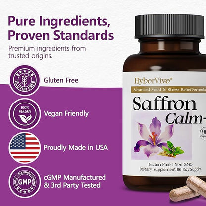 Saffron Supplements with Ashwagandha & L-Theanine - 368.5MG - Mood Balance, Stress Relief & Mental Clarity – Cortisol Support for Women & Men, Made in USA, 90 Vegan Capsules