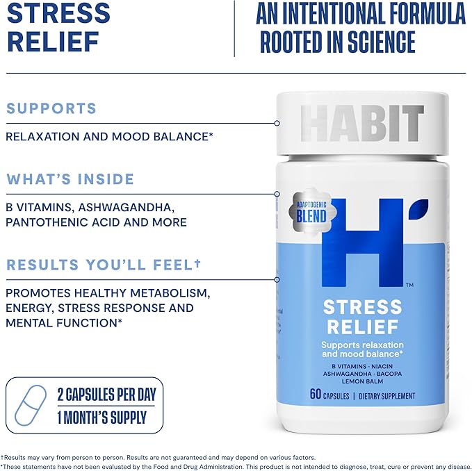 Habit Huge Mood Bundle - Energy (60 Capsules) + Stress Relief (60 Capsules) Supplements. Supports Alertness and Focus, Supports Relaxation & Mood Balance, Vegan, Non-GMO