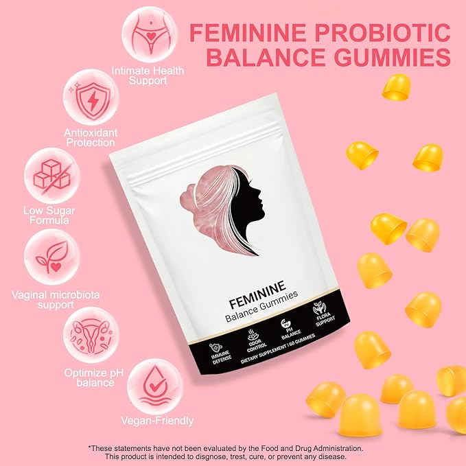 Premium Feminine Balance Gummies for Women, Natural Support for Feminine Wellness, Hawaiian Pineapple Flavor, Contains Probiotic Formula, Maintain Female pH Balance, 60 Gummies