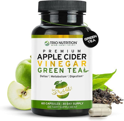 TRIO NUTRITION Apple Cider Vinegar Capsules with Green Tea - Natural Sugar Free Apple Cider Vinegar Pills with the Mother for Body Cleanse, Immune, Weight Management & Metabolism Booster*