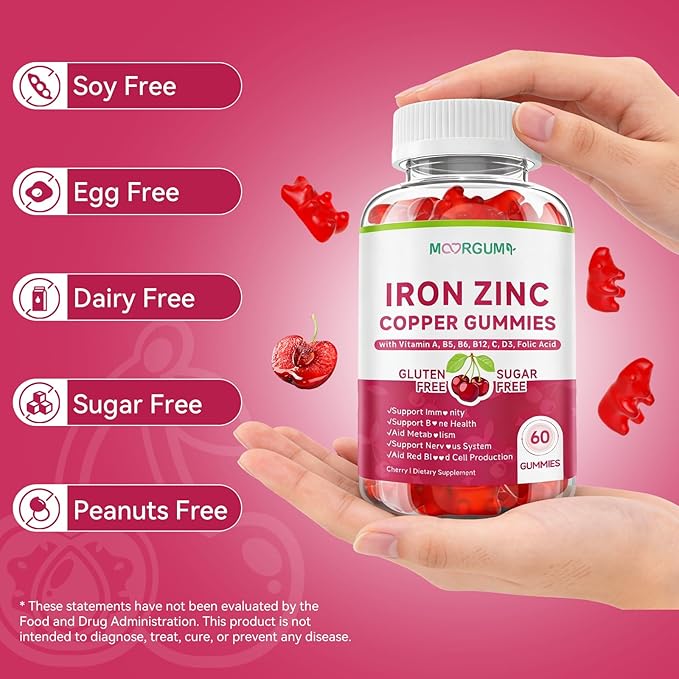 Iron, Zinc, Copper Supplements for Women & Men, Mineral Gummies with Vitamin A, B5, B6, C, D3, B12 for Adults, Kids, Promote Energy, Support Immunity, Bone Health, Sugar Free, Cherry Flavor, 120 Count