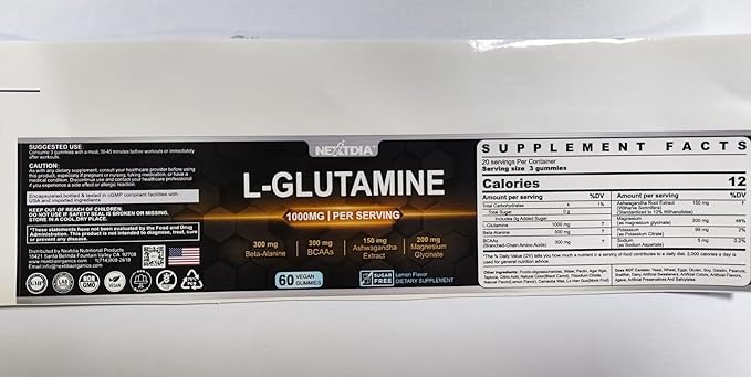 Nextdia L-Glutamine 1000mg Gummies for Women & Men| with Beta-Alanine, BCAAs, Magnesium Glycinate, Potassium & Ashwagandha | Vegan | Sugar-Free & Extra-Chewy | 60 Counts