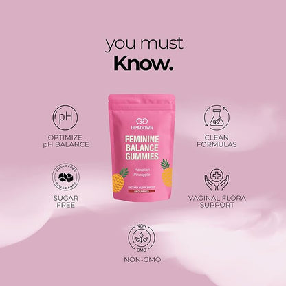 Up&Down Supplements Premium Feminine Balance Gummies for Women | PMS Relief, Mood & Cycle Support | Pineapple + Vitamin C | Ashwagandha & Chasteberry | Vegan, Non-GMO, Gluten Free | 60 Gummies