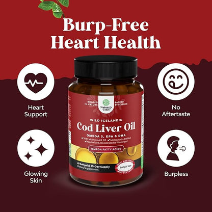 Icelandic Wild Caught Cod Liver Oil Softgels - Fish Omega 3, EPA, DHA, Vitamin D & A, 1000mg Per Serving - Burpless Capsules for Healthy Heart, Healthy Joints, Brain & Immune Support - 60 Count