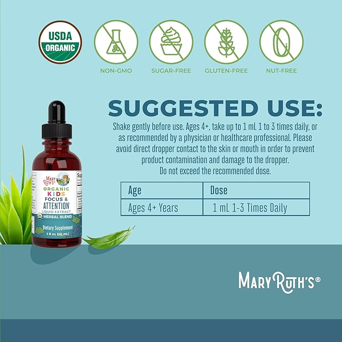 MARYRUTH'S Kids Focus & Attention Drops | USDA Organic Drops | Ginkgo Biloba | Rhodiola Root & Licorice Root | Adaptogenic | Calm | Vegan | Non-GMO | Gluten Free | 30 Servings