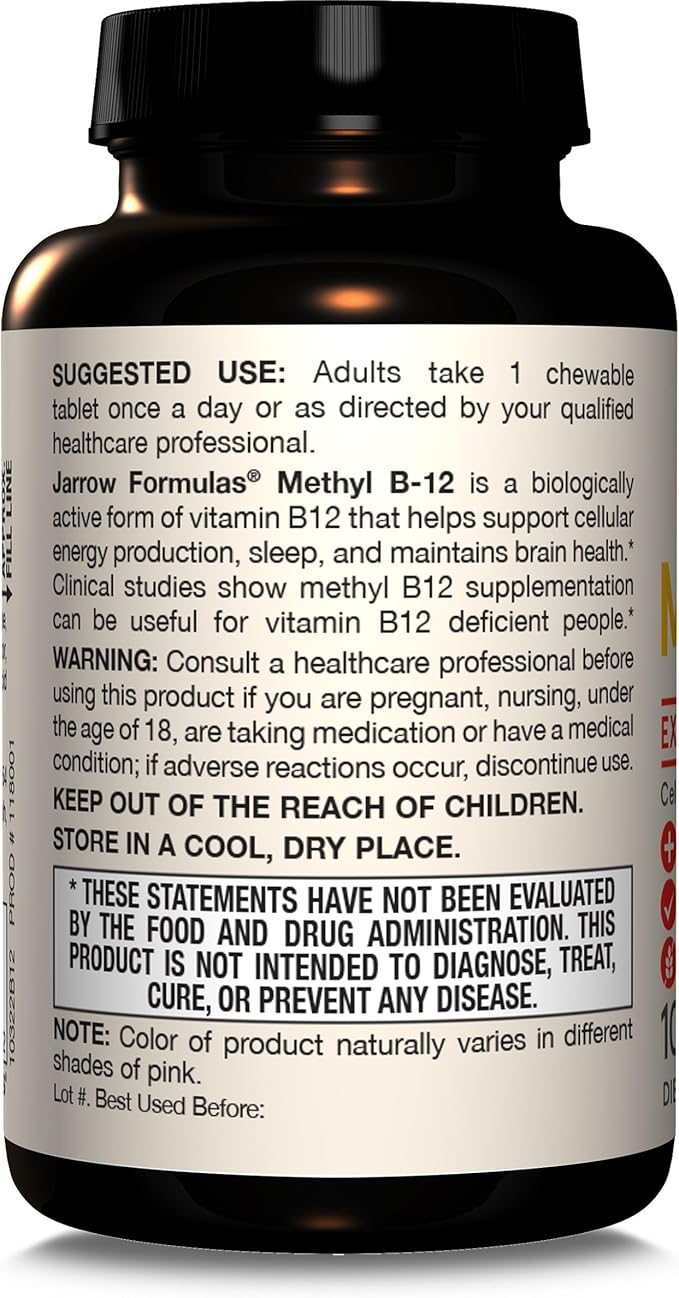 Jarrow Formulas Extra Strength Methyl B-12, Dietary Supplement for Cellular Energy Production, 100 Lemon-Flavored Chewable Tablets, Up to a 100 Day Supply, Pack of 12