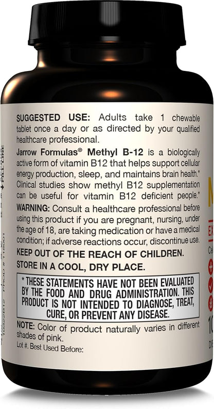 Jarrow Formulas Extra Strength Methyl B-12, Dietary Supplement for Cellular Energy Production, 100 Lemon-Flavored Chewable Tablets, Up to a 100 Day Supply, Pack of 12