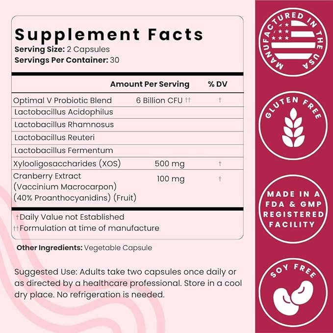 Optimal Prime Vaginal Probiotics for Women with Prebiotics, Cranberry Extract, and a Lactobacillus Probiotic Blend, Supports Healthy Vaginal Flora, Odor Control, pH Balance, 60 Capsules