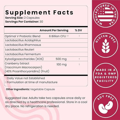 Optimal Prime Vaginal Probiotics for Women with Prebiotics, Cranberry Extract, and a Lactobacillus Probiotic Blend, Supports Healthy Vaginal Flora, Odor Control, pH Balance, 60 Capsules (Pack of 3)