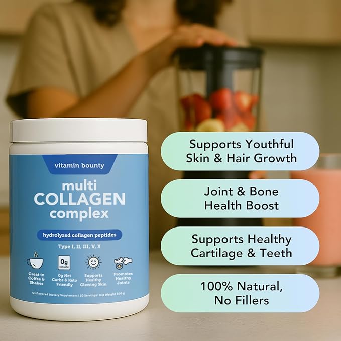 Vitamin Bounty Multi Collagen Complex - Hydrolyzed Collagen Peptides Types I, II, III, V & X - Supports Skin Elasticity, Joint Health, Hair & Nail Growth - 50 Servings