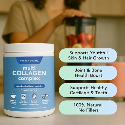 Vitamin Bounty Multi Collagen Complex - Hydrolyzed Collagen Peptides Types I, II, III, V & X - Supports Skin Elasticity, Joint Health, Hair & Nail Growth - 50 Servings