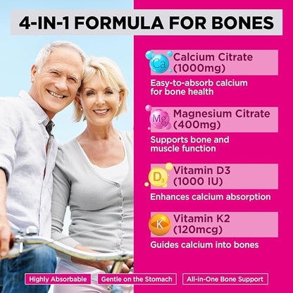 Calcium Citrate Filled Gummies, Extra Absorption Calcium Citrate 1000mg with Vitamin D3, K2 & Magnesium, Chewable Supplement for Bone, Muscle Health, 60 Count