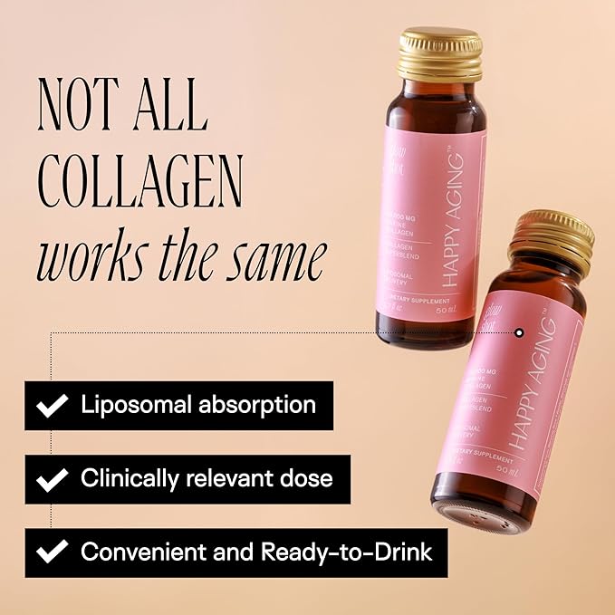 Happy Aging Marine Collagen Peptides Glow Shot 10,000mg - Liquid Collagen for Women with Liposomal Delivery - Promotes Skin Hydration, Elasticity & Radiance - Supports Hair & Nails, 10 Shots