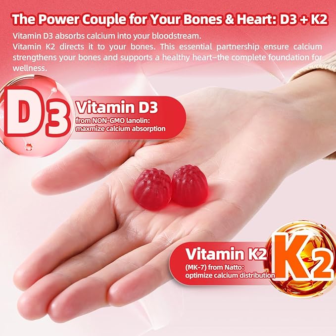 Vitamin D3 K2 Gummies - 90 Count Sugar Free Vitamin D3 9000 IU + K2(MK-7) 90 mcg for Bone & Immune Health, Vegan Chewable K2 D3 Vitamin Supplement for Women Men (Peach Flavor)