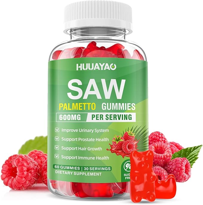Saw Palmetto Gummies 600mg Saw Palmetto Supplement with Pumpkin Seed Oil, Biotin, Prostate Health Supplements for Men, Advanced DHT Blocker, Hair & Urinary Health Support, Raspberry Flavor, 60 Counts