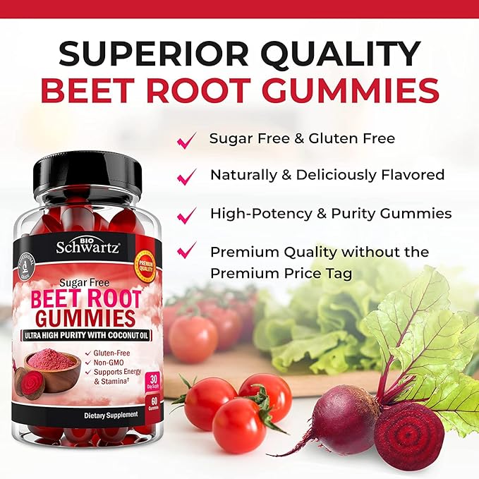 Sugar Free Beet Root Gummies - Nitric Oxide Gummies Infused with Coconut Oil for Highest Absorption - Supports Energy & Whole Body Health - Delicious Strawberry Flavor - 60 Count (30 Day Supply)