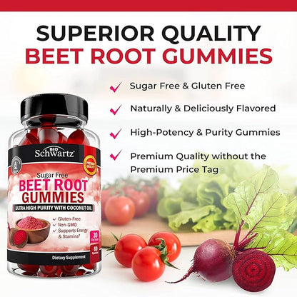 Sugar Free Beet Root Gummies - Nitric Oxide Gummies Infused with Coconut Oil for Highest Absorption - Supports Energy & Whole Body Health - Delicious Strawberry Flavor - 60 Count (30 Day Supply)