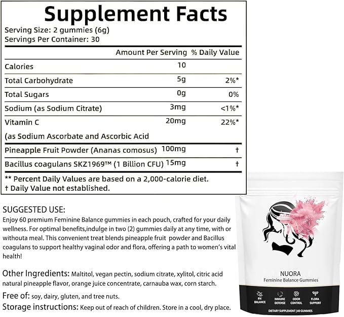 Feminine Balance Gummies, Vegan Hawaiian Pineapple, pH Balance, Healthy Odor, Flora and Immune Support, Vaginal Health Support, 60 Count