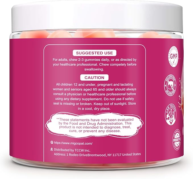 Migcopat 10G Fiber Gummies, with Collagen Peptides, Hyaluronic Acid, Vitamin C, ACV & 30 Billion CFU Probiotics – Sugar Free Collagen Gummies for Skin, Hair & Nails – Digestive Support – 120 Cts