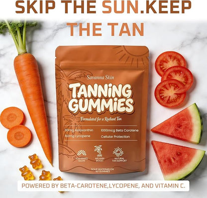 velura Savanna Skin Tanning Gummies, Astaxanthin & Lycopene Complex for Natural Sun-Kissed Glow & Hydration, Watermelon, Vegan, Sugar Free – 60 Count