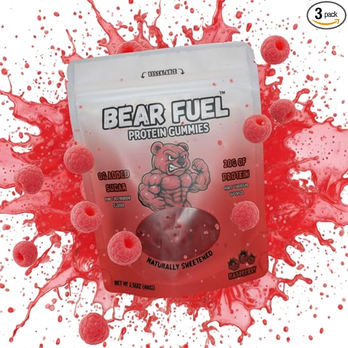 Bear Fuel Protein Gummies – 20g Protein Candy Snack – High Protein, Zero Sugar, Naturally Sweetened Gummy Bears – Fruit Variety (3, Raspberry)
