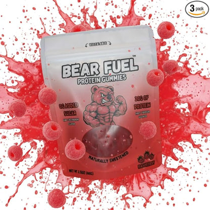 Bear Fuel Protein Gummies – 20g Protein Candy Snack – High Protein, Zero Sugar, Naturally Sweetened Gummy Bears – Fruit Variety (3, Raspberry)