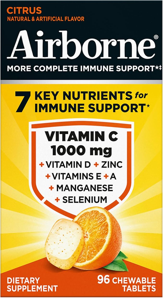 Airborne Vitamin C 1000mg (per Serving) - Citrus Chewable Tablets (96 Count in a Box) - Packaging May Vary